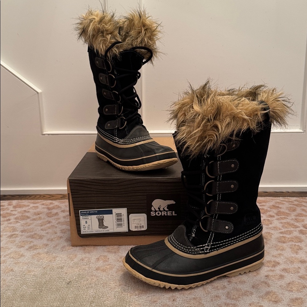 Sorel Black Joan of Arctic Fur-Trimmed Winter Boots Size 8